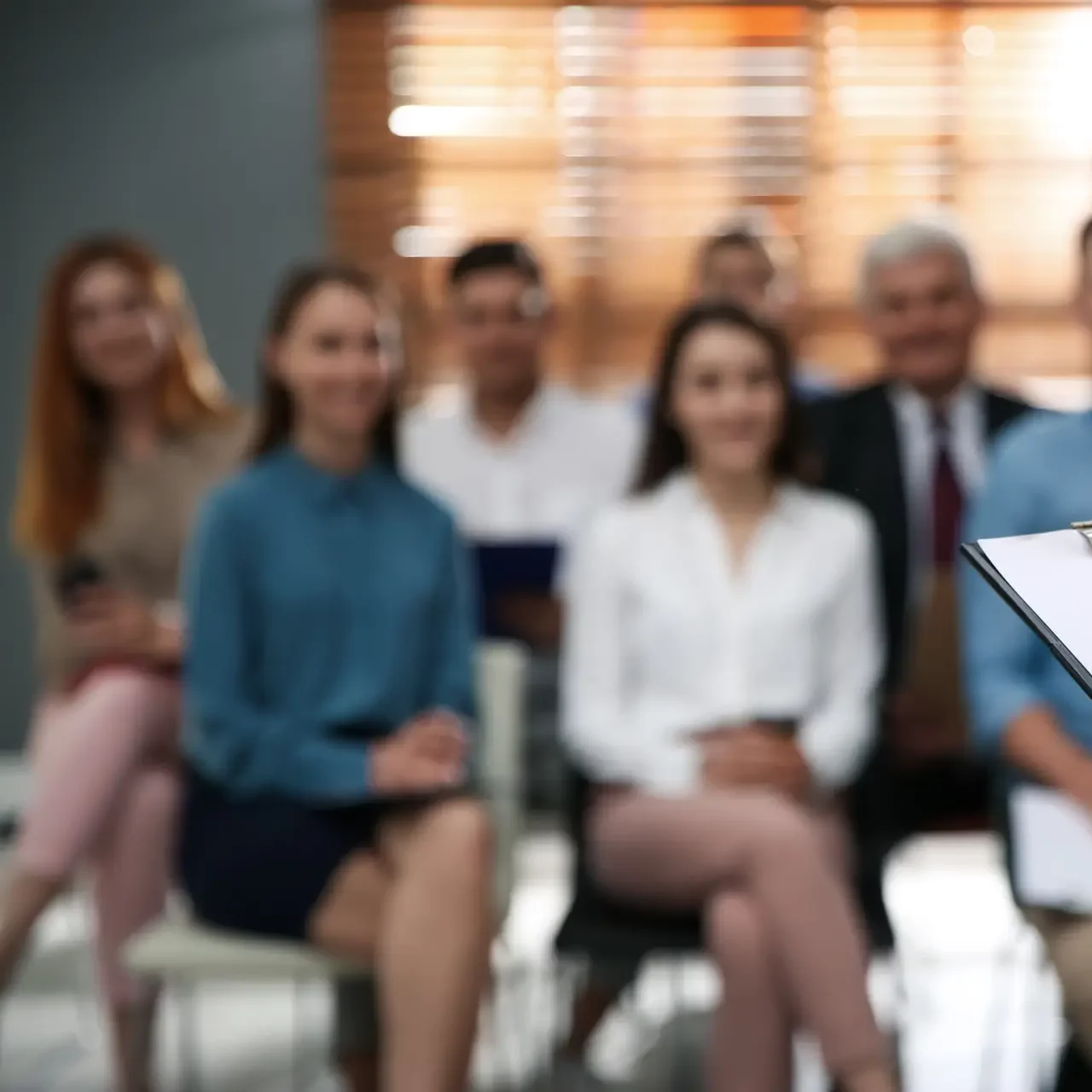 Business trainer answering questions at seminar in conference hall